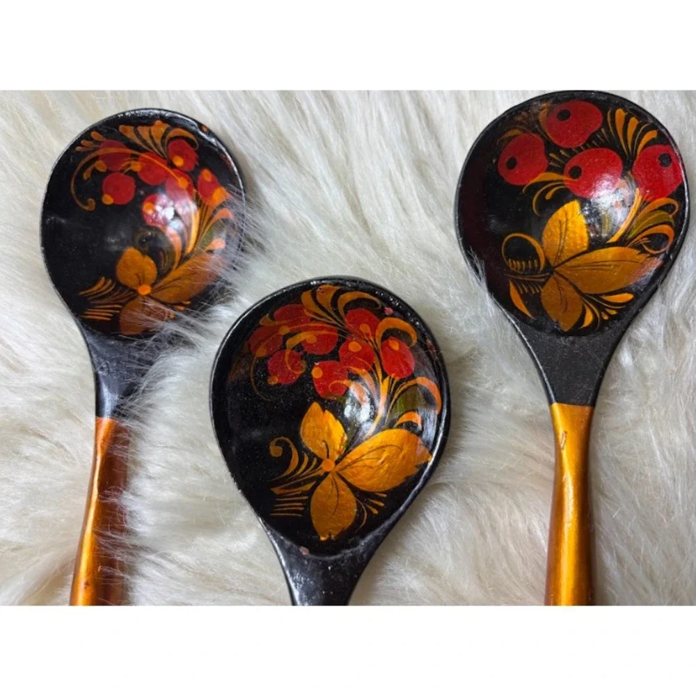 Vintage Khokhloma‎ Wooden Spoons Set 5 Hand Painted Russian Folk Art USSR Decor